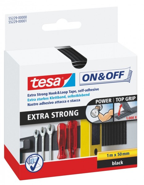 Tesa On + Off extra stark Klettband 50 mm x 1 m schwarz