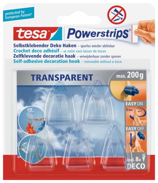 Tesa Powerstrips Deco-Haken transparent, 5 Haken, 8 Strips