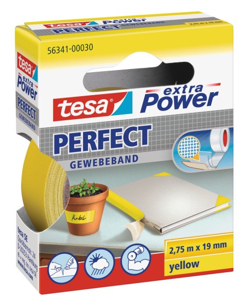 Tesa Extra Power Perfect Gewebeband 2,75 m x 19 mm gelb
