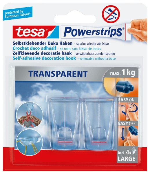 Tesa Powerstrips Deco Haken Large transparent, 2 Haken, 4 Strips